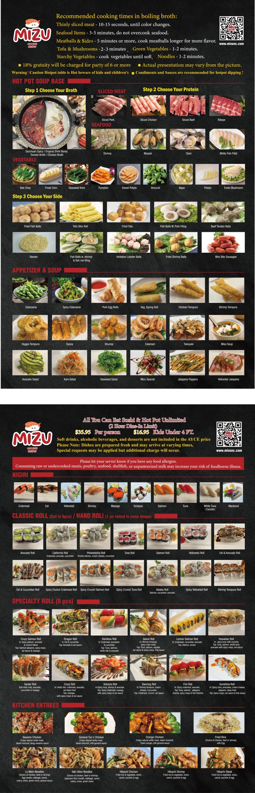 Restaurant menu, detailed description provided below