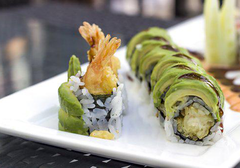 Sushi rolls with shrimp tempura and avocado at Mizu, a Japanese Restaurant in Brooklyn