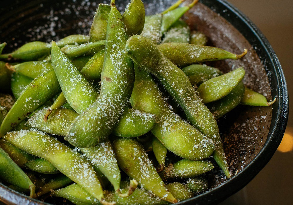 Steamed green soybeans with sea salt at Mizu, a Japanese Restaurant in Brooklyn