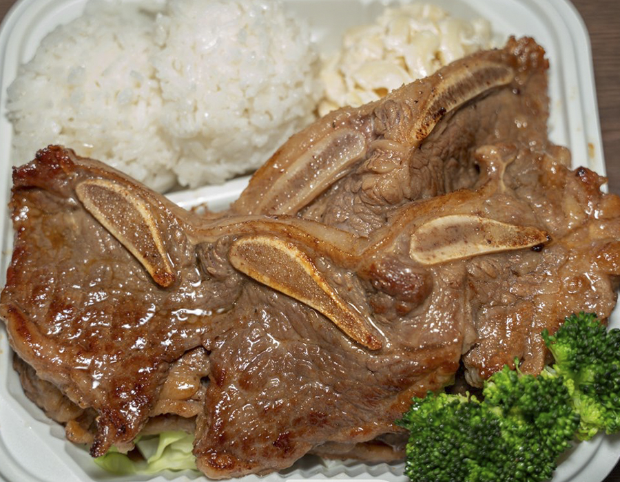 Marinated kalbi short ribs with rice, mac salad at Moana Hawaiian BBQ Restaurant in Fairfield