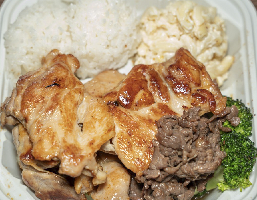 Grilled chicken and beef with rice, mac salad at Moana Hawaiian BBQ Restaurant in Fairfield