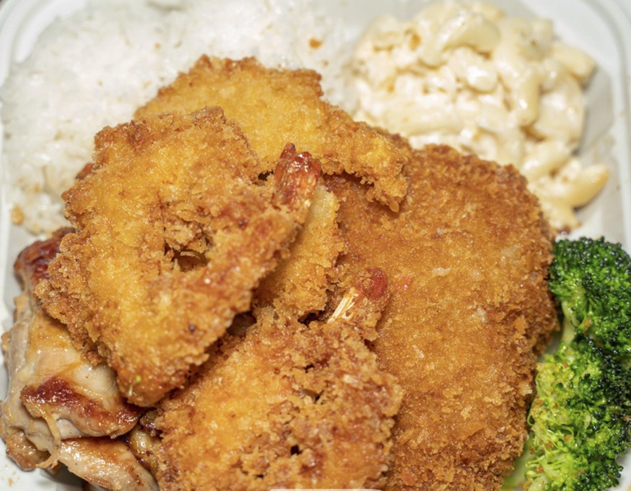 Fried shrimp, chicken katsu and grilled chicken with sides at Moana Hawaiian BBQ Restaurant in Fairfield
