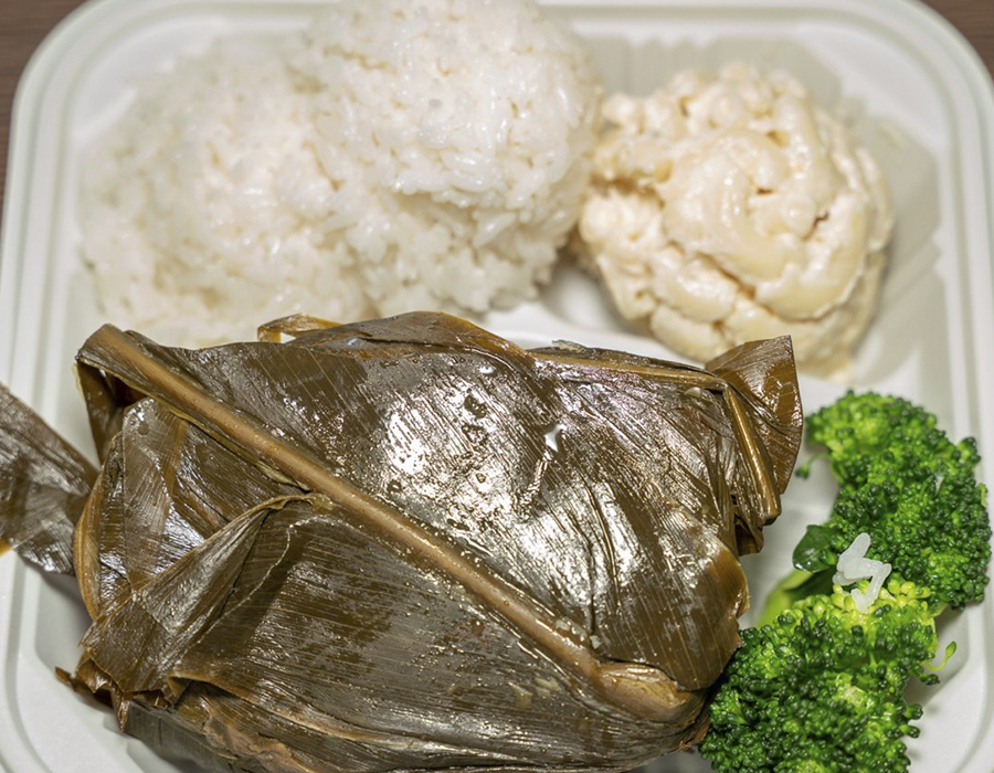Traditional laulau wrapped in taro leaves with rice, mac salad at Moana Hawaiian BBQ Restaurant in Fairfield