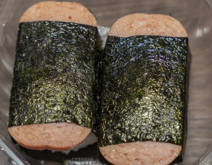 Spam musubi wrapped in nori with sushi rice at Moana Hawaiian BBQ Restaurant in Fairfield