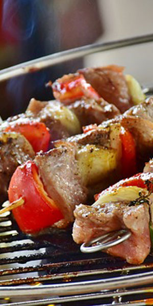 Grilled beef and vegetable skewers on the barbecue at Moana Hawaiian BBQ Restaurant in Fairfield