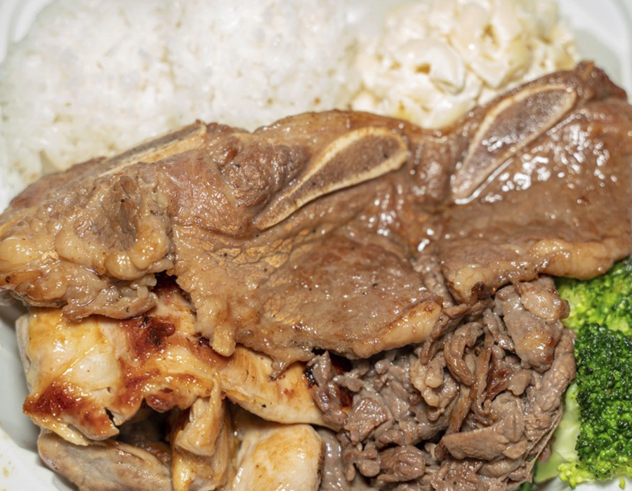 Kalbi short ribs, chicken and beef with rice, mac salad at Moana Hawaiian BBQ Restaurant in Fairfield