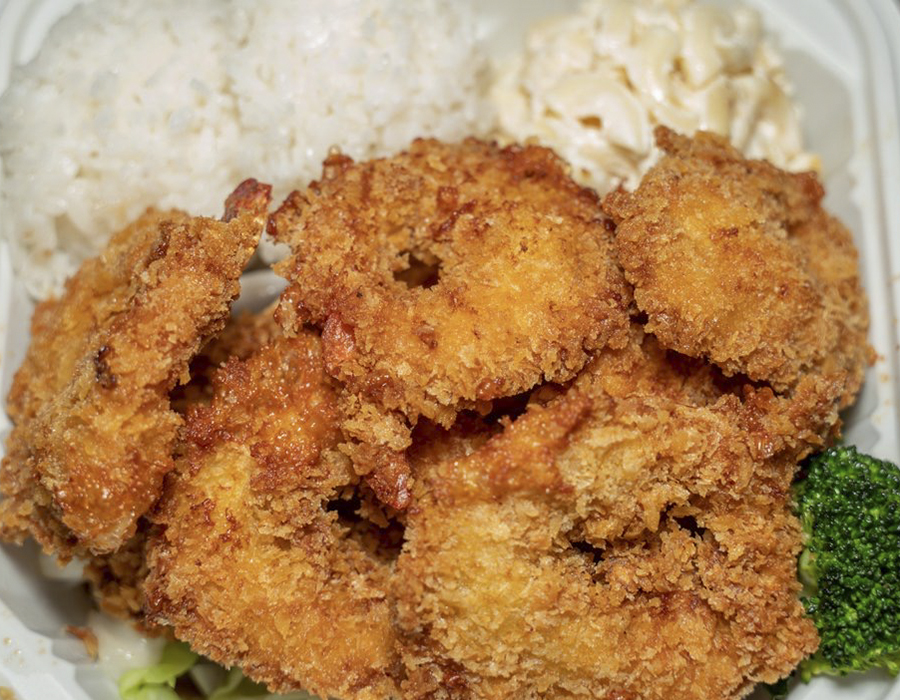 Crispy fried shrimp with rice, mac salad and broccoli at Moana Hawaiian BBQ Restaurant in Fairfield