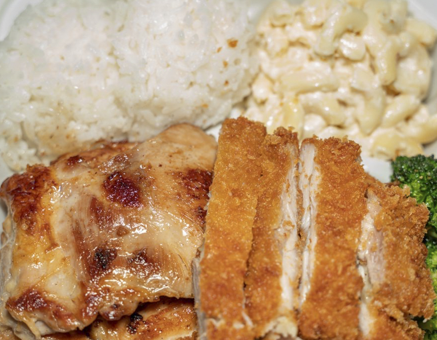 Grilled chicken and chicken katsu with rice, mac salad at Moana Hawaiian BBQ Restaurant in Fairfield