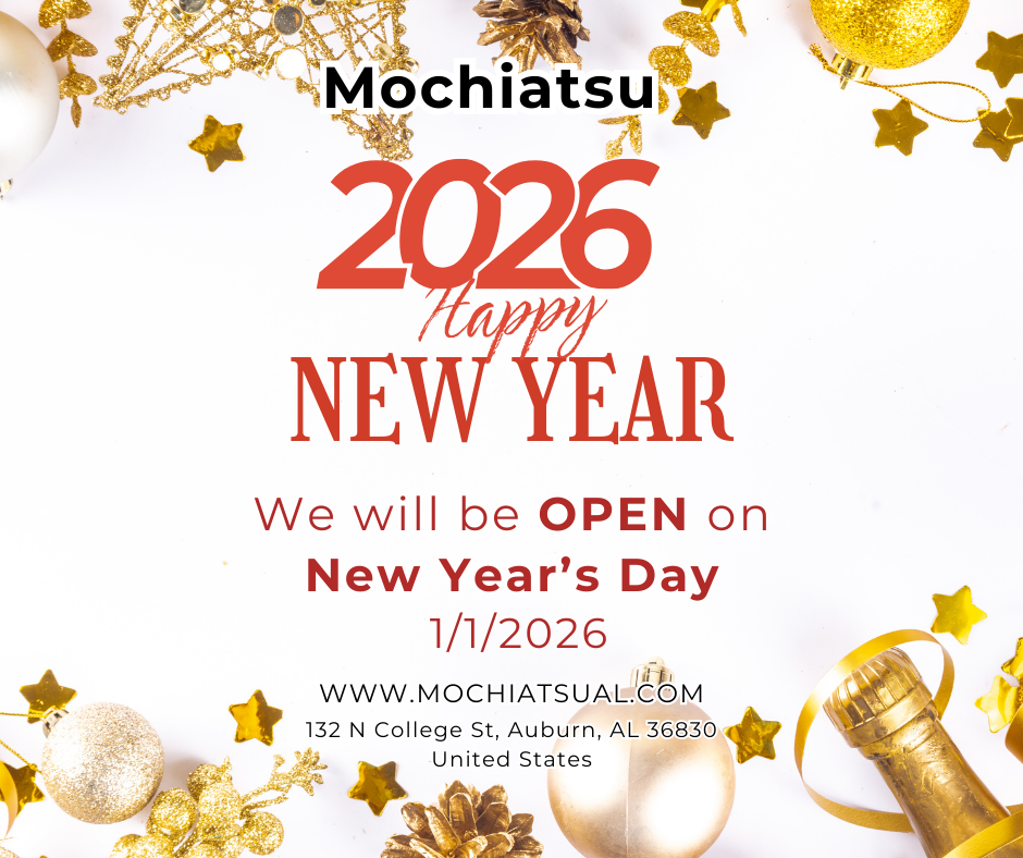 Mochiatsu 2026 Happy New Year poster announcing open on New Year's Day.