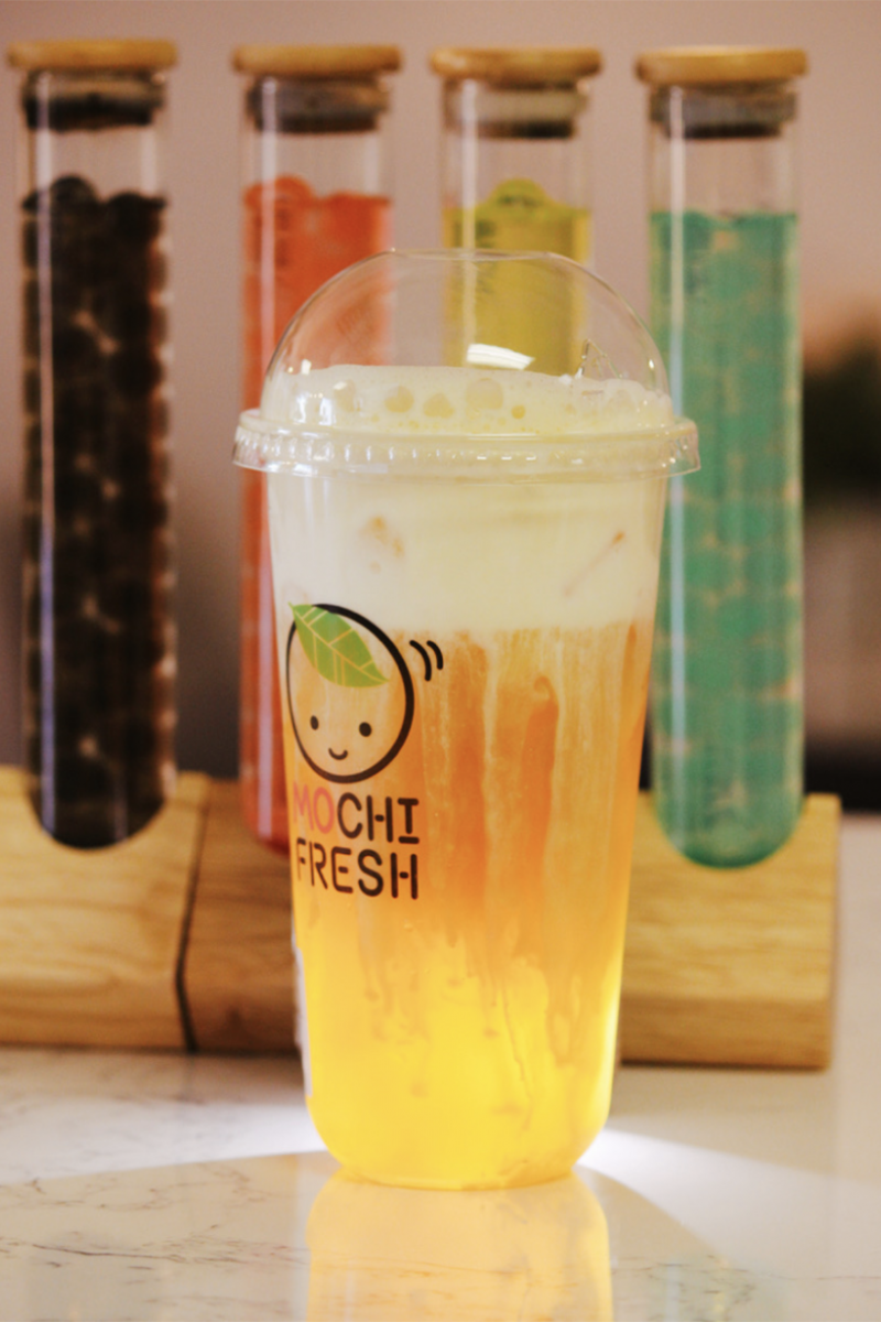 Fresh mango tea with boba pearls