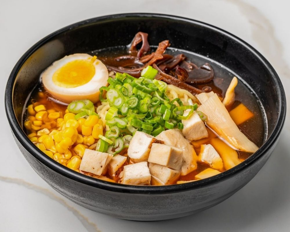 Ramen with diced chicken, corn and soft-boiled egg at Modern Tea・Salad, Salad shop in New York