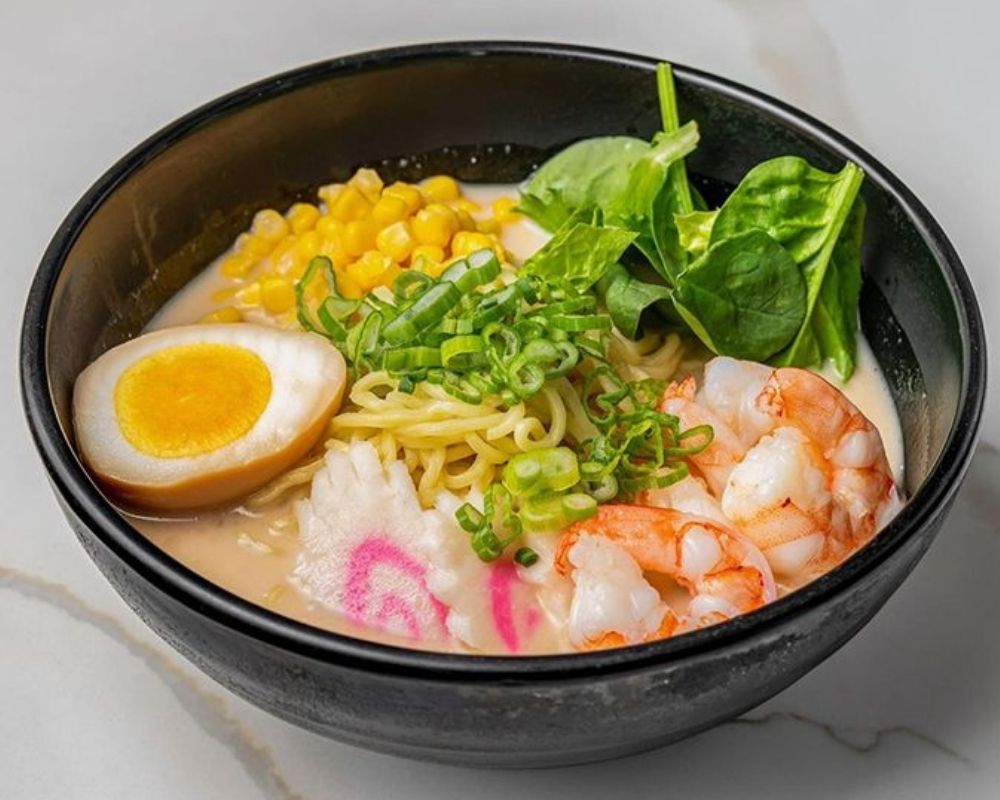 Seafood tonkotsu ramen with prawns and narutomaki at Modern Tea・Salad, Salad shop in New York
