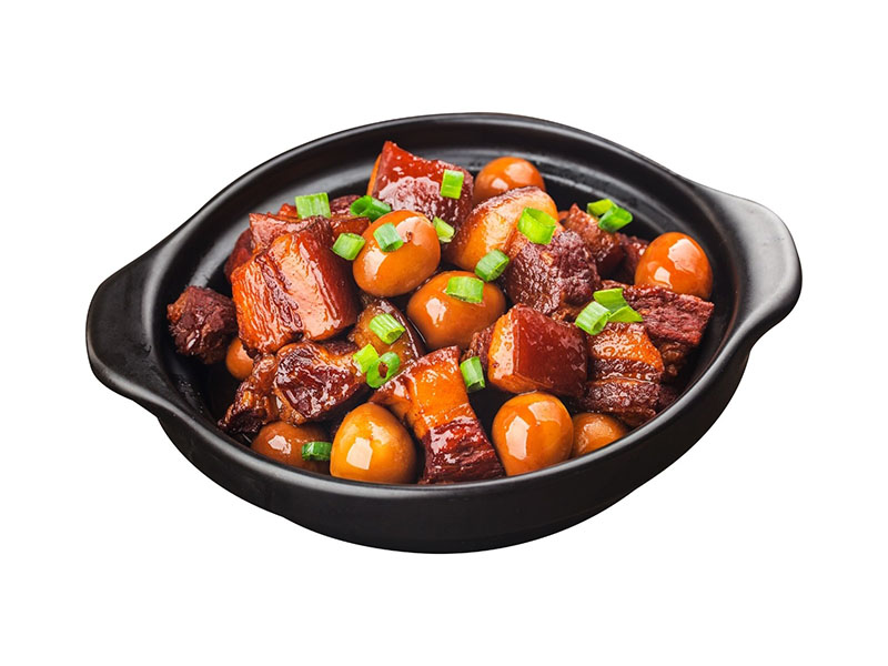 Glazed pork belly braised with tender quail eggs at MOJO Teriyaki, a Asian Restaurant in Brentwood