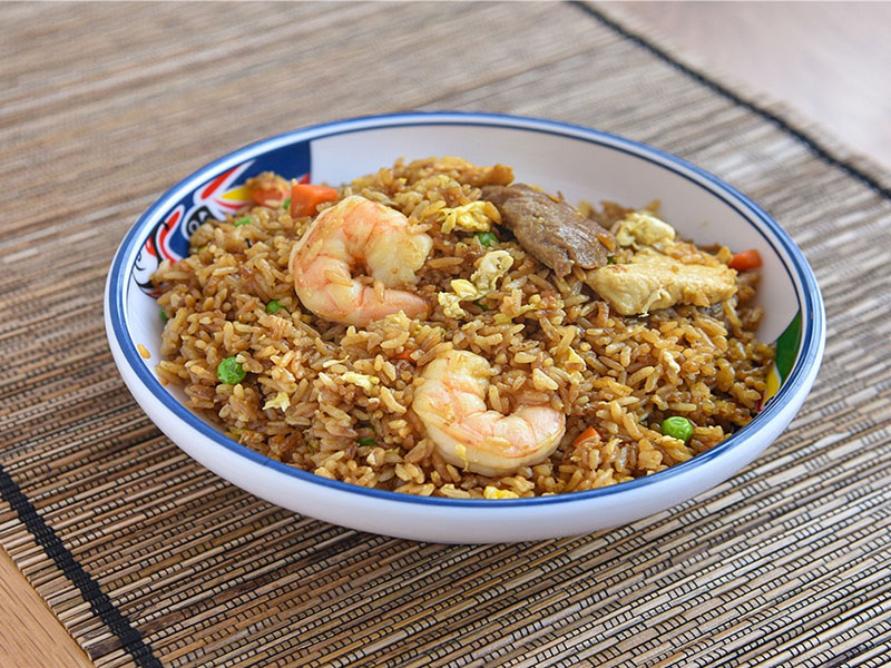 Fried rice with shrimp, meat, eggs & veggies at MOJO Teriyaki, a Asian Restaurant in Brentwood