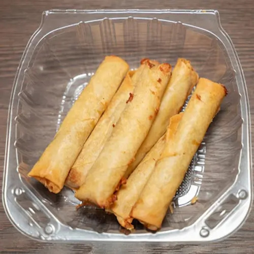 Crispy fried spring rolls (lumpia) in a clear plastic container at Moku Hawaiian BBQ, a Hawaiian Restaurant in San Pablo