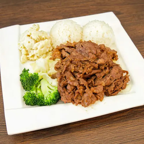 Shoyu beef plate with white rice, mac salad, and broccoli at Moku Hawaiian BBQ, a Hawaiian Restaurant in San Pablo