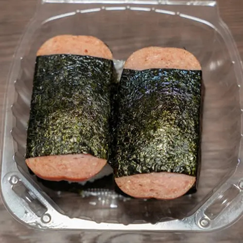 Spam musubi with rice and nori at Moku Hawaiian BBQ, a Hawaiian Restaurant in San Pablo