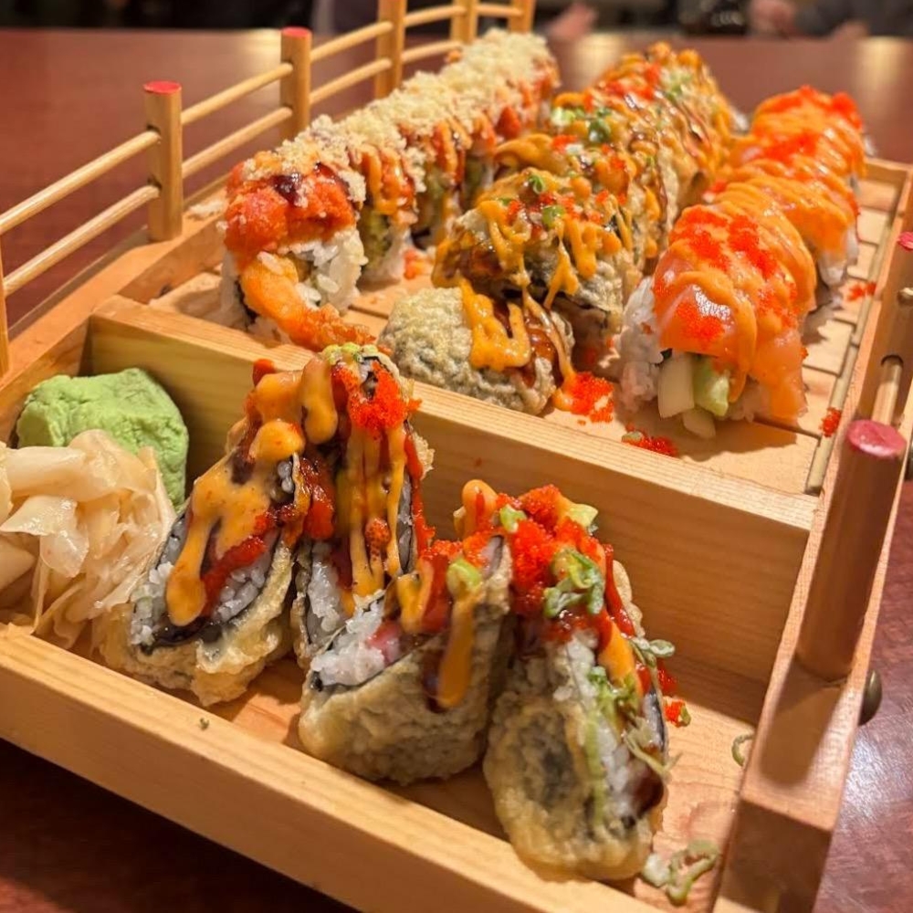 Crispy sushi rolls with sauces at Mori Sushi, a Japanese Restaurant in Indianapolis