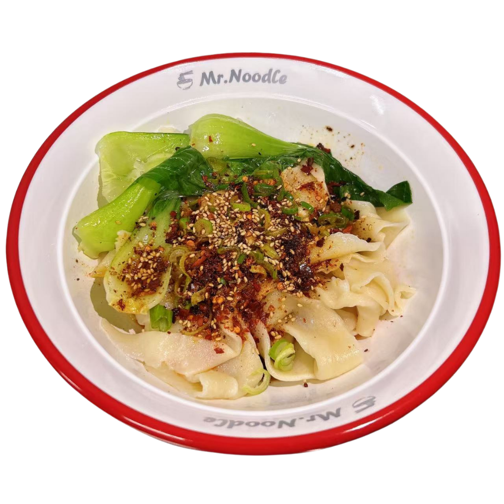 Spicy oil-poured wide noodles with sesame at Mr.Noodle, an Chinese Restaurant in Corona