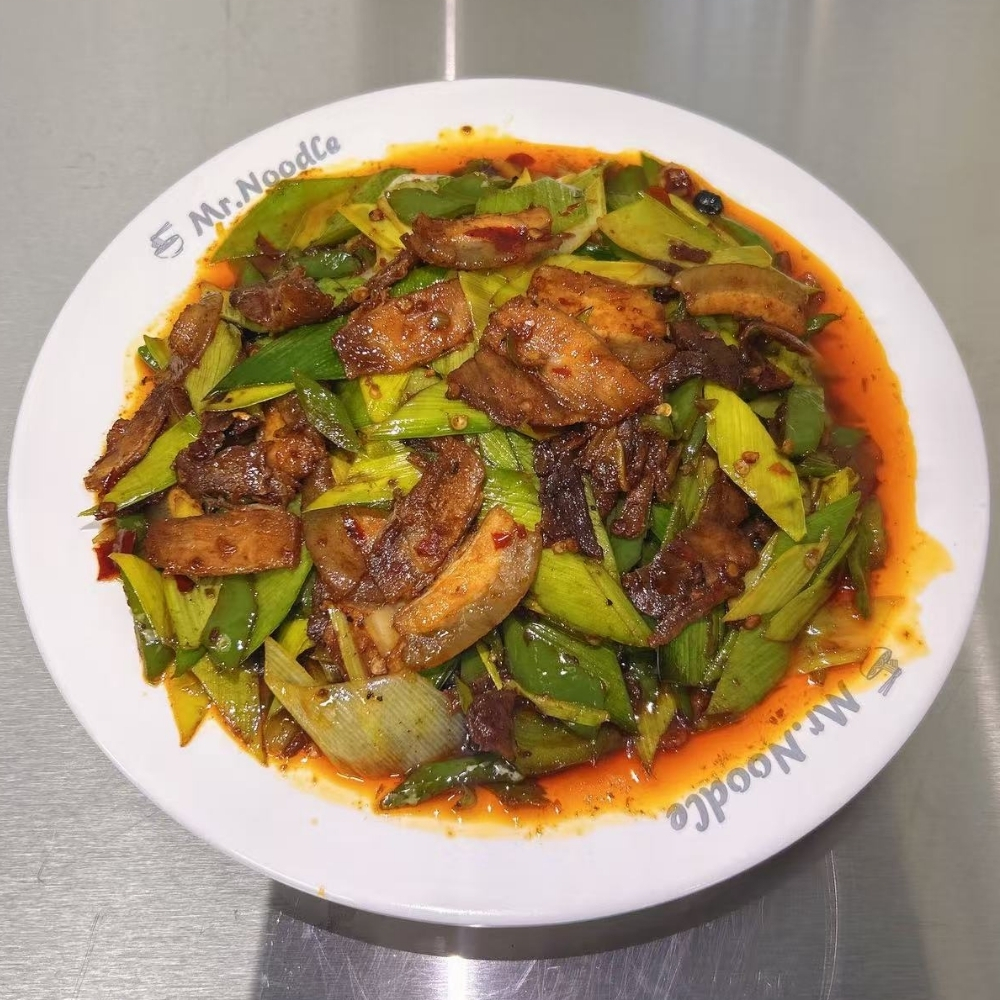 Stir-fried twice-cooked pork with leeks at Mr.Noodle, an Chinese Restaurant in Corona