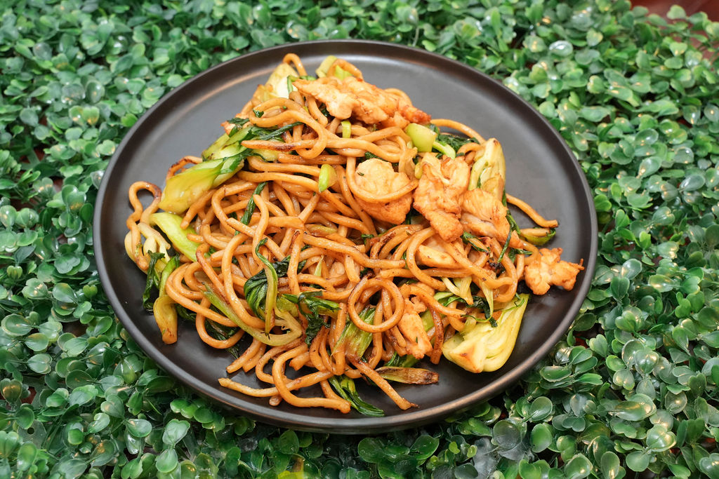Stir-fried noodles with chicken and vegetables from Mr. Bao Kitchen, a Chinese restaurant in Mountain View