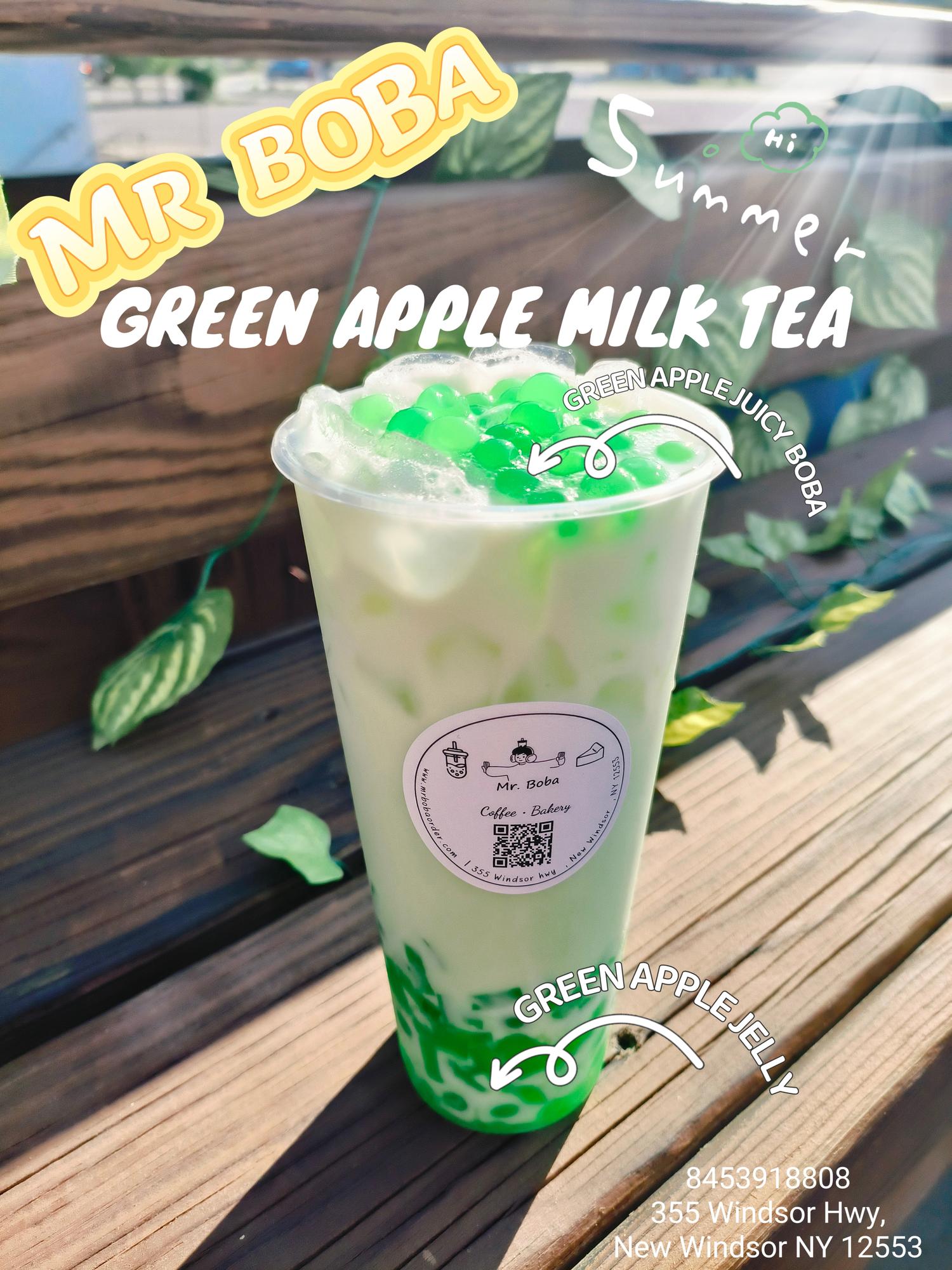 Mr-Boba-Dessert-shop-GREEN-APPLE-MILK-TEA-New-Windsor Green apple milk tea with juicy boba and jelly.