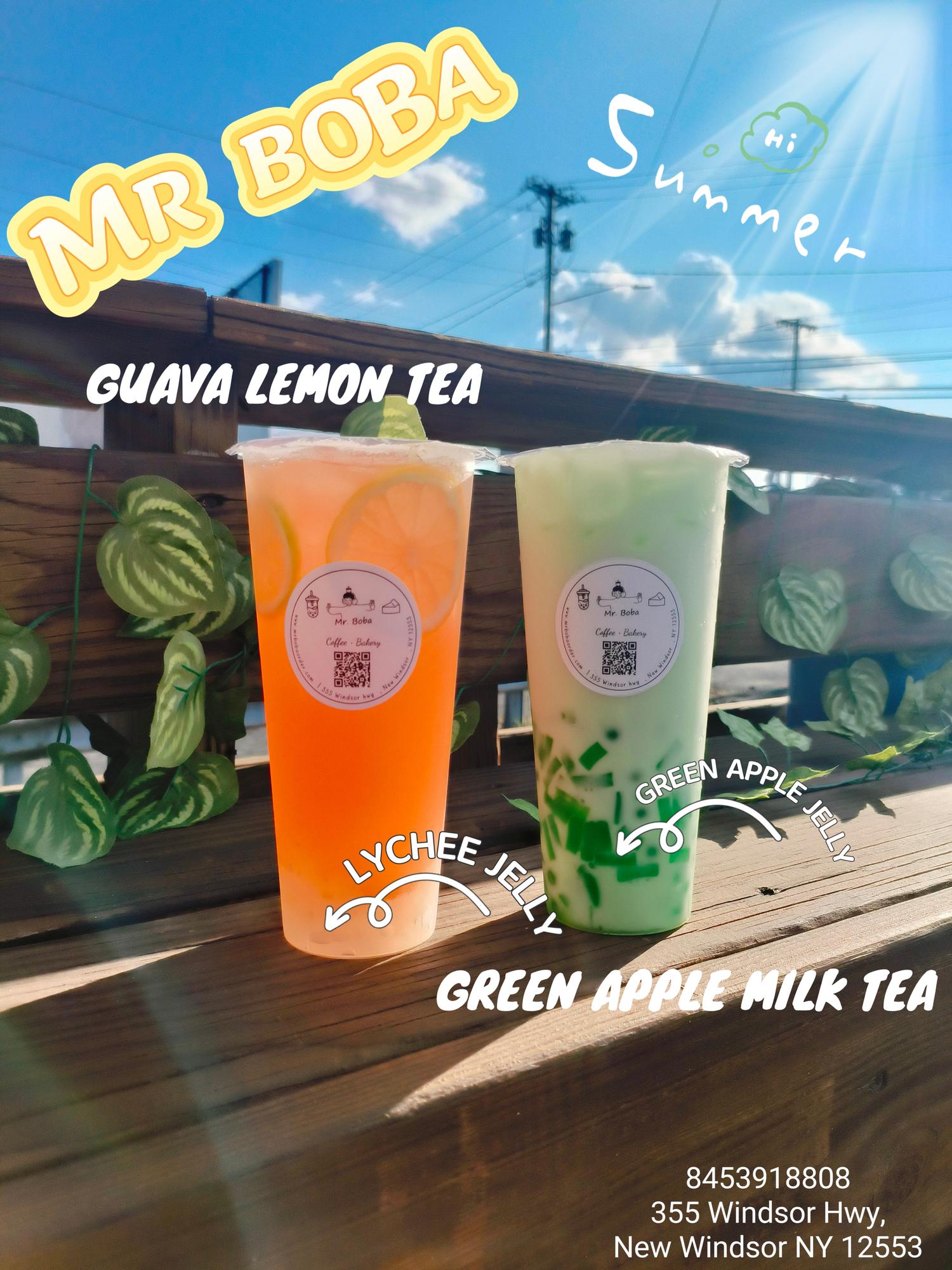 Mr-Boba-Dessert-shop-GUAVA-LEMON-TEA-GREEN-APPLE-MILK-TEA-New-Windsor Guava lemon tea & green apple milk tea, fruity drinks.