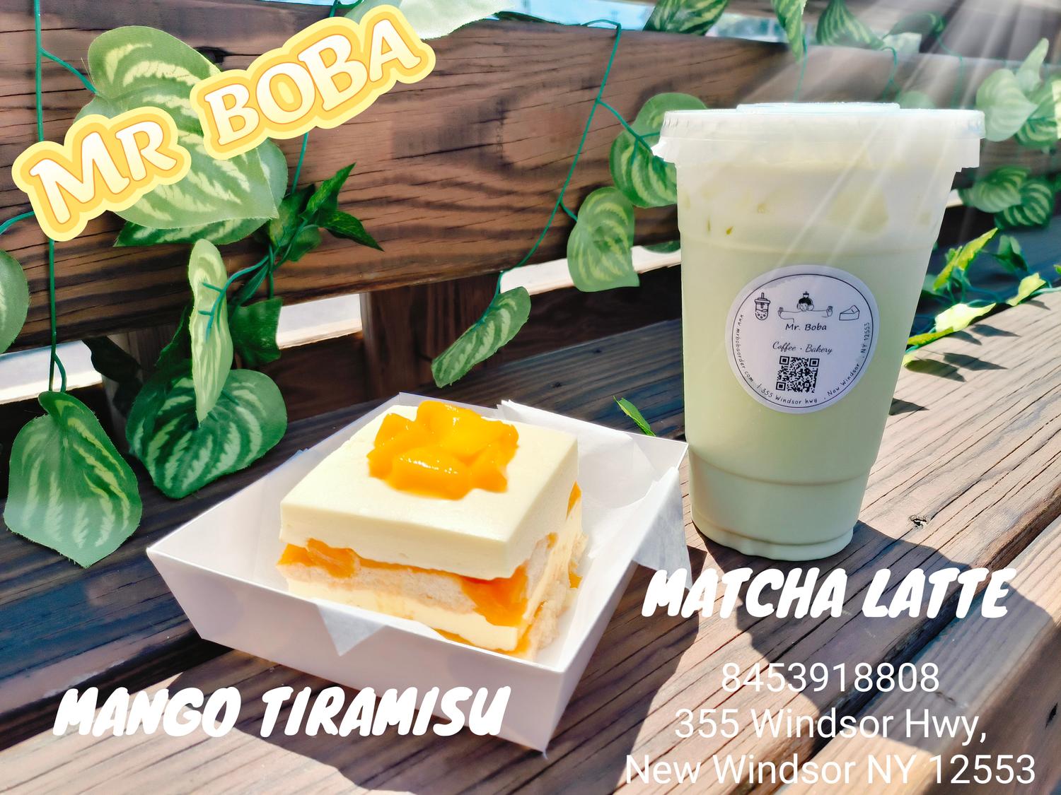 Mr-Boba-Dessert-shop-MANGO-TIRAMISU-MATCHA-LATTE-New-Windsor Mango tiramisu and matcha latte, a sweet & creamy pair.