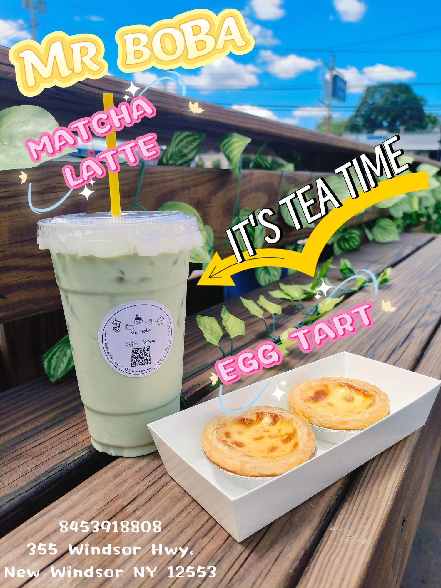 Mr-Boba-Dessert-shop-MATCHA-LATTE-EGG-TART-New-Windsor Matcha latte with egg tarts, perfect tea - time treats.