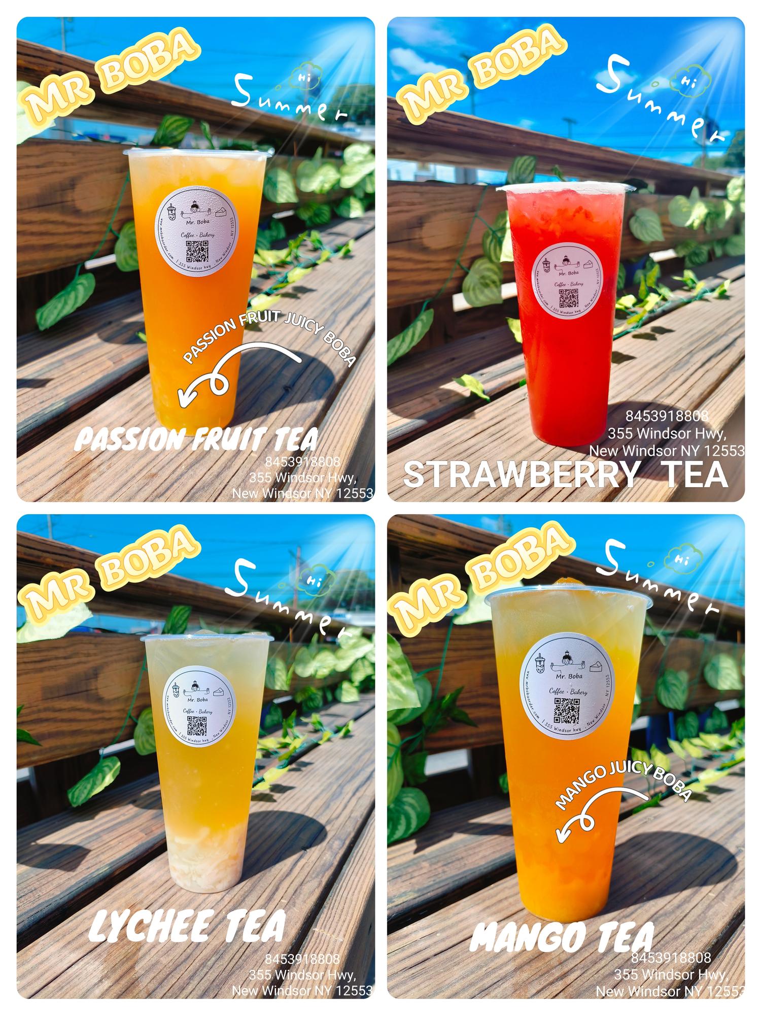 Mr-Boba-Dessert-shop-PASSION-FRUIT-TEA-STRAWBERRY-TEA-LYCHEE-TEA-MANGO-TEA-New-Windsor Fruit teas, passion fruit, strawberry, lychee & mango.