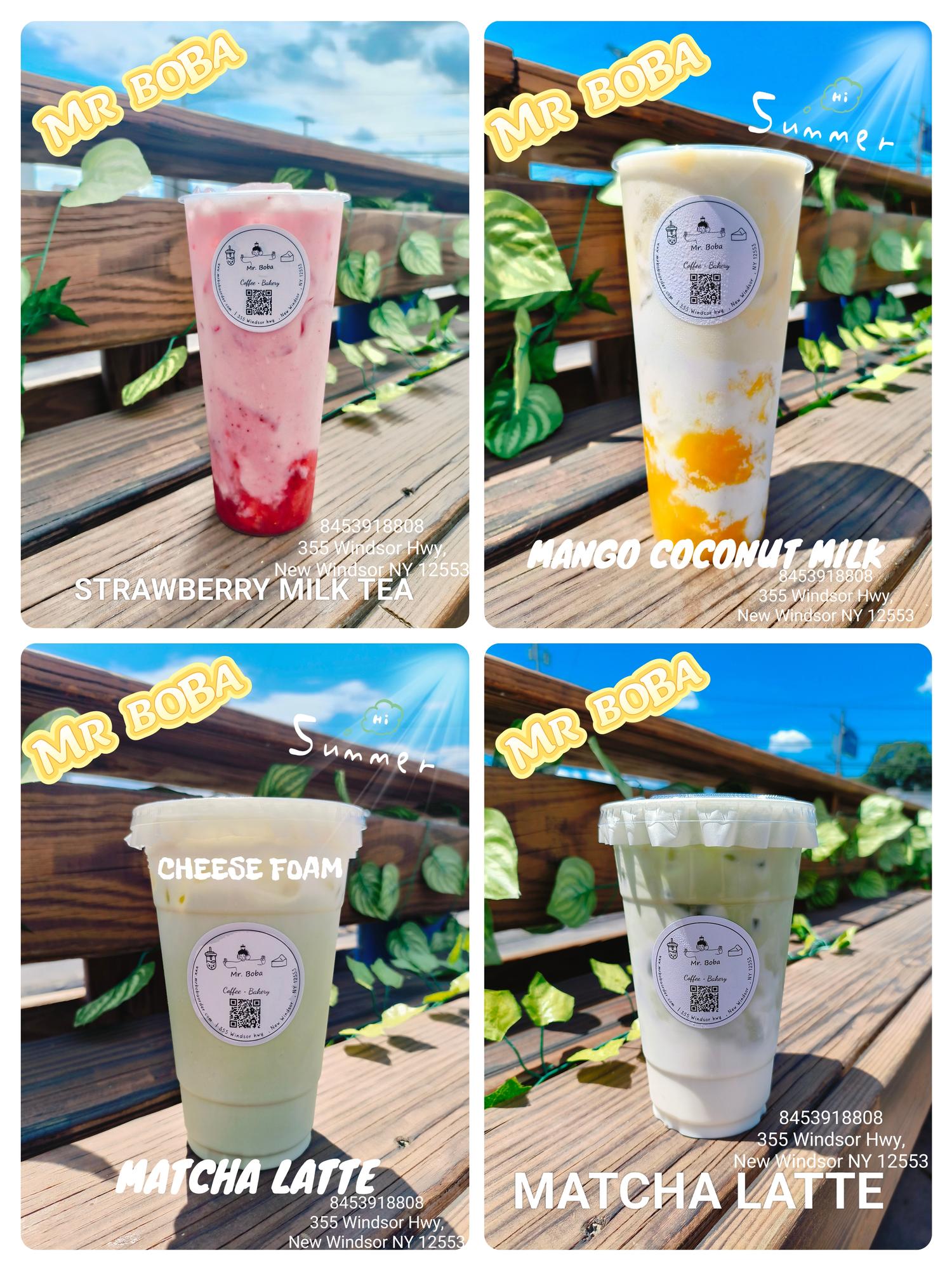 Mr-Boba-Dessert-shop-STRAWBERRY-MILK-TEA-MANGO-COCONUT-MILK-CHEESE-FOAM-MATCHA-LATTE-New-Windsor Colorful milk teas, strawberry, mango & matcha flavors.