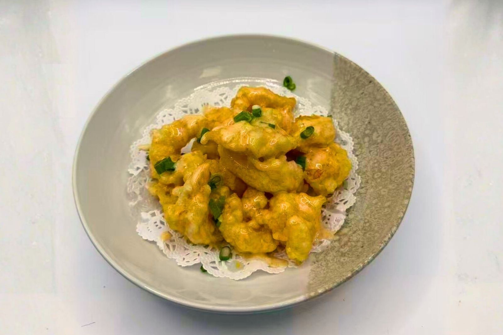Creamy-glazed fried shrimp garnished with scallions at Mr Boba Kitchen , a Asian Fusion Restaurant in New Windsor