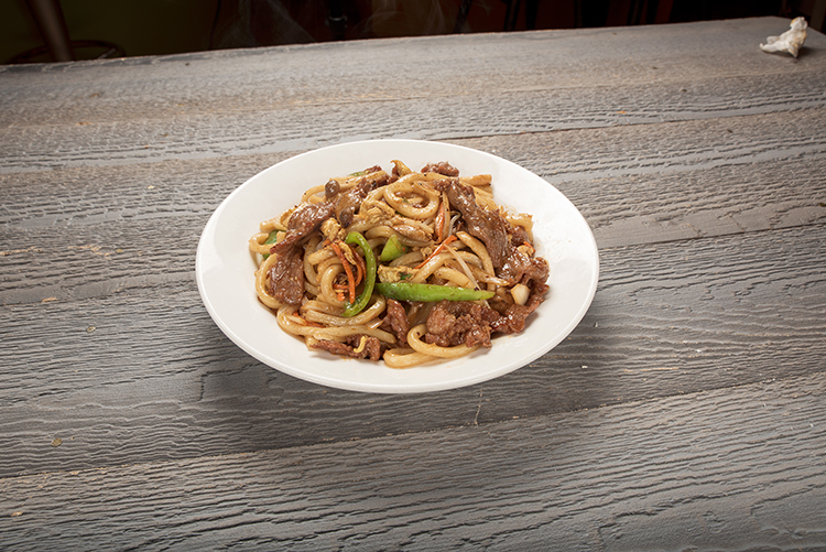 Beef stir-fried udon noodles with bell peppers at Mr.Dragon Noodle House, a Chinese Restaurant in CA