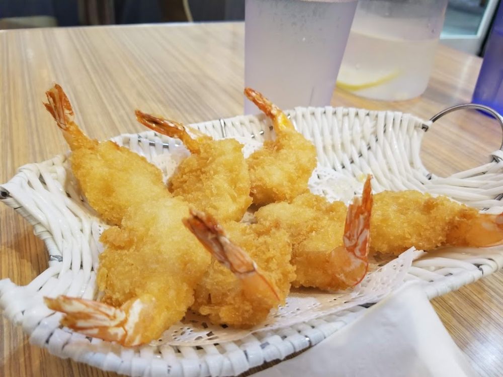 Crunchy deep-fried tempura shrimp with intact tails at Mr Dumpling, a Chinese Noodle Restaurant in Rancho Cucamonga