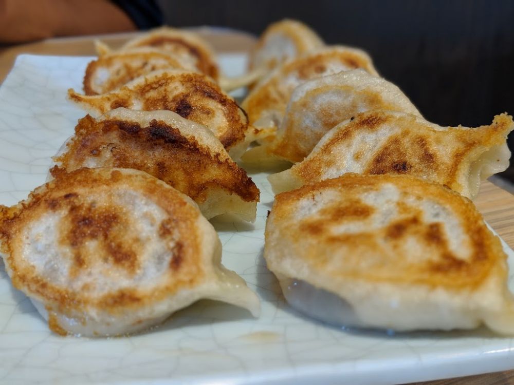 Pan-fried crispy dumplings with golden brown bottoms at Mr Dumpling, a Chinese Noodle Restaurant in Rancho Cucamonga