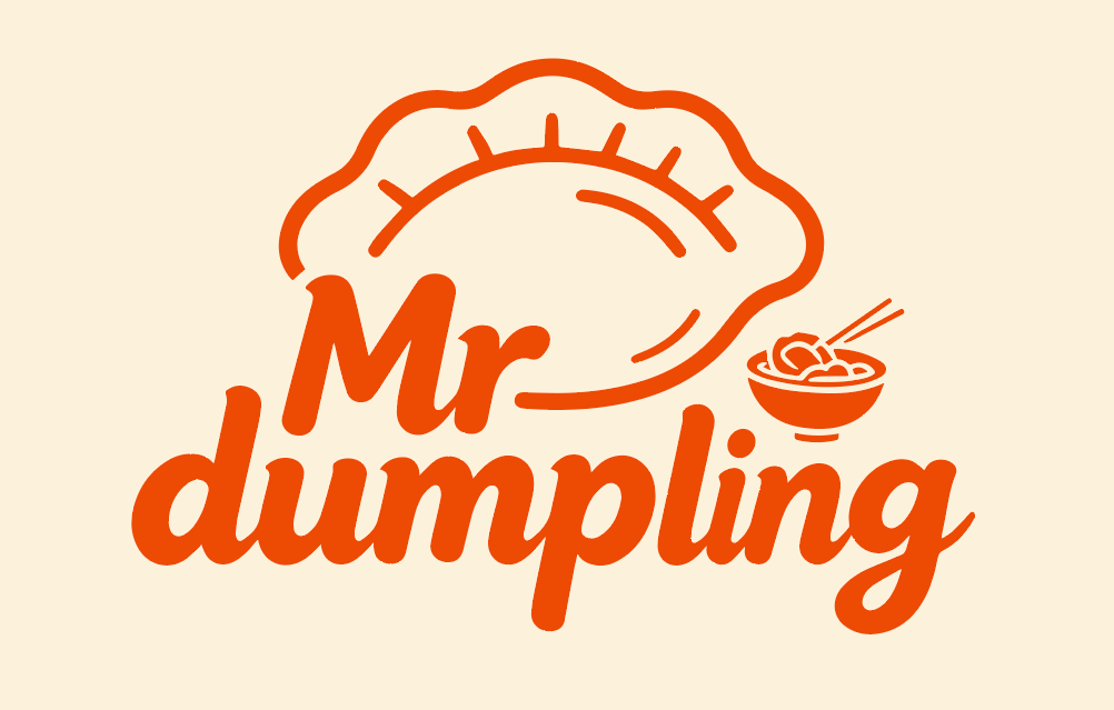 Vintage orange logo with dumpling graphic for the noodle restaurant at Mr Dumpling, a Chinese Noodle Restaurant in Rancho Cucamonga