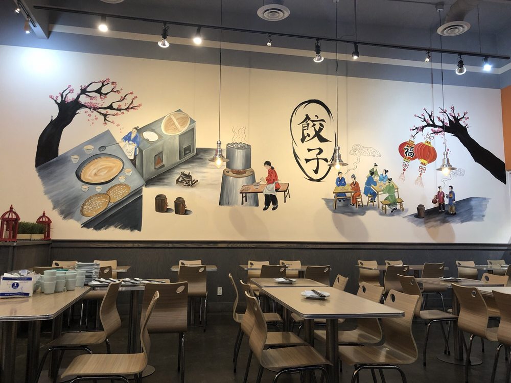 Wall mural with dumpling & traditional Chinese scenes at Mr Dumpling, a Chinese Noodle Restaurant in Rancho Cucamonga