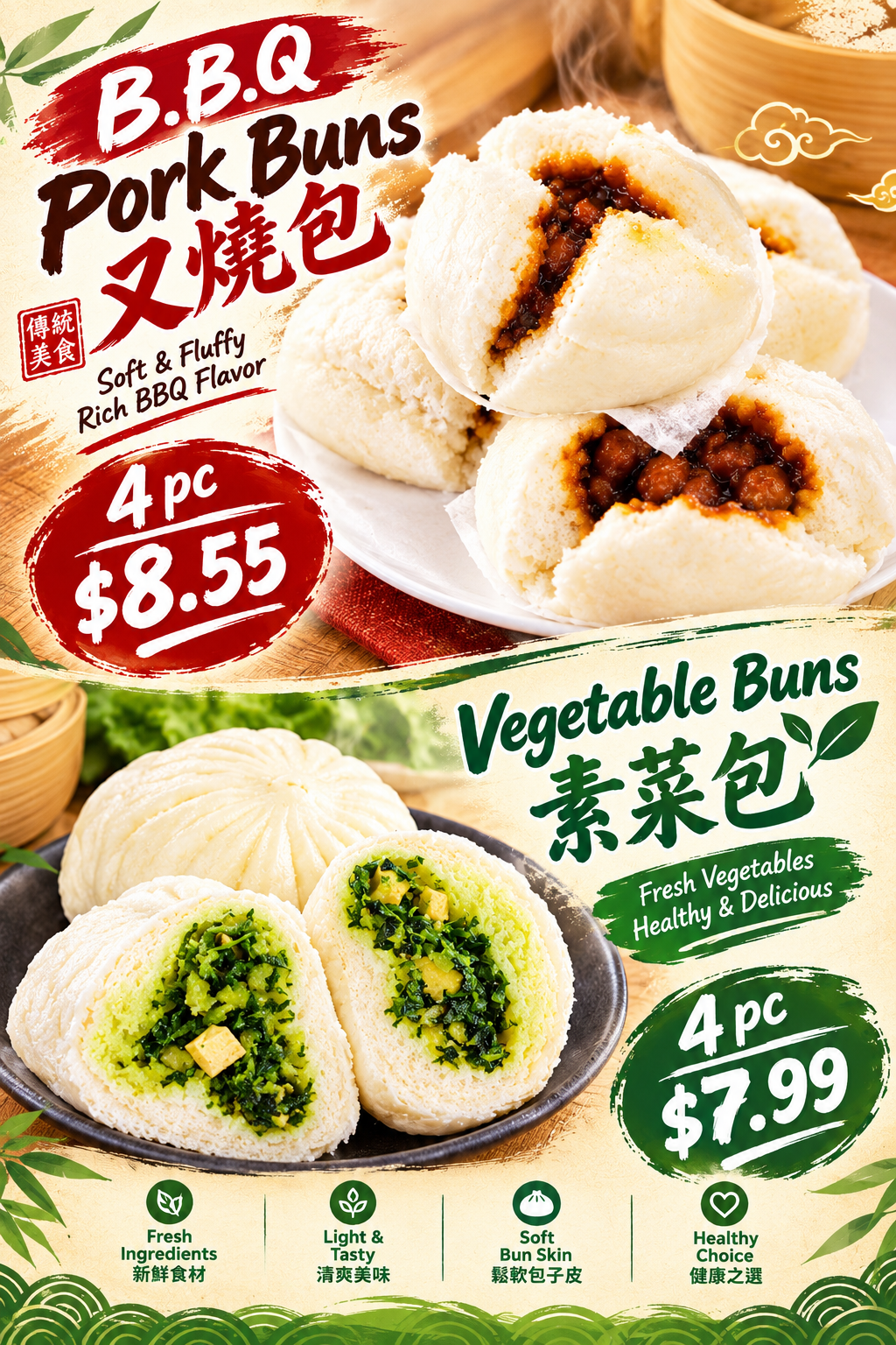 Poster of BBQ pork buns and vegetable buns for Asian dim sum