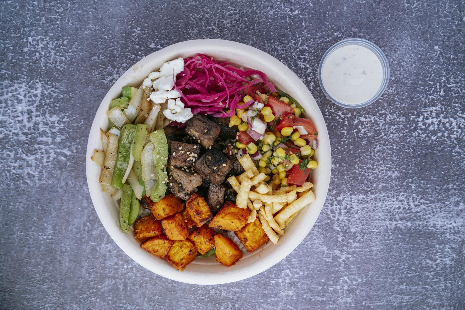 Farmer’s Steak Bowl with veggies at Mr Farmer, a Asian Fusion Restaurant in St. Augustine