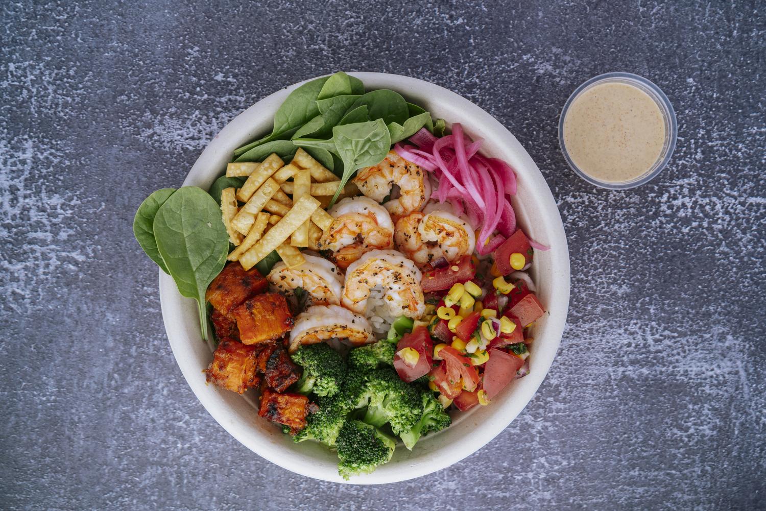 Garlic pepper shrimp bowl at Mr Farmer, a Asian Fusion Restaurant in St. Augustine