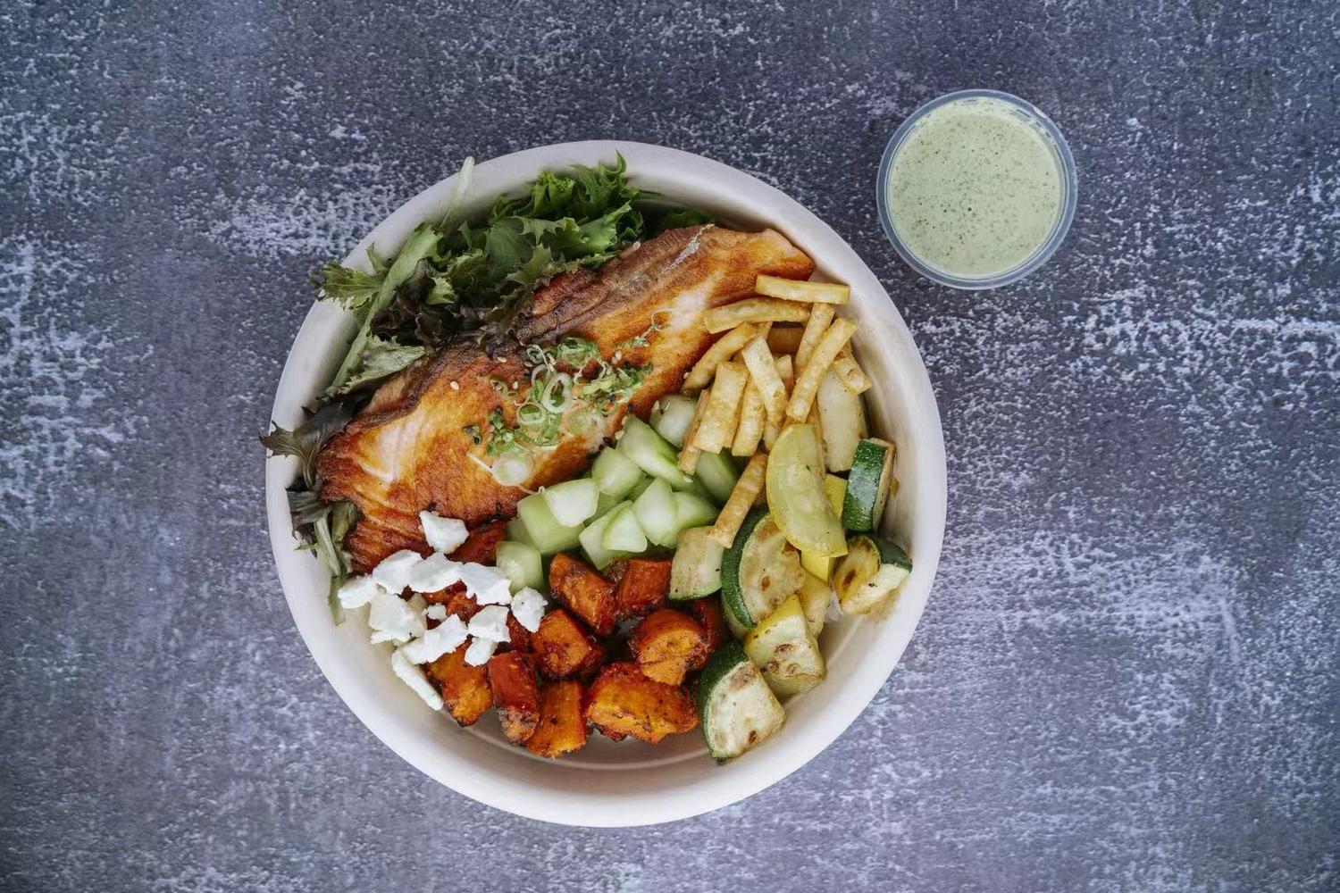 Miso-seared salmon bowl at Mr Farmer, a Asian Fusion Restaurant in St. Augustine