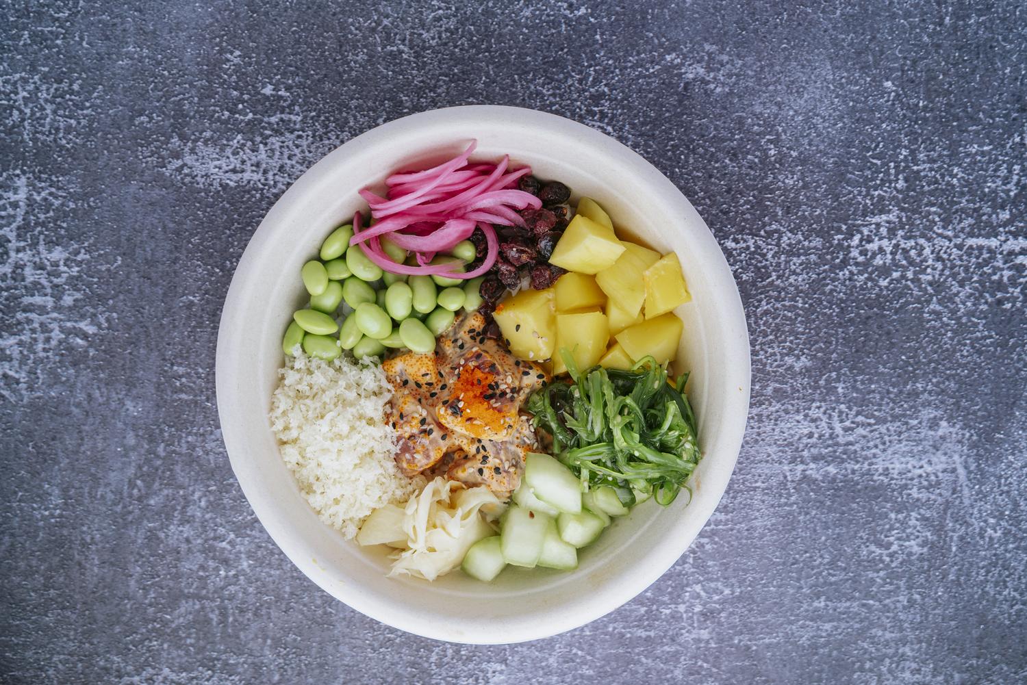 Ahi tuna poke bowl with fresh veggies at Mr Farmer, a Asian Fusion Restaurant in St. Augustine