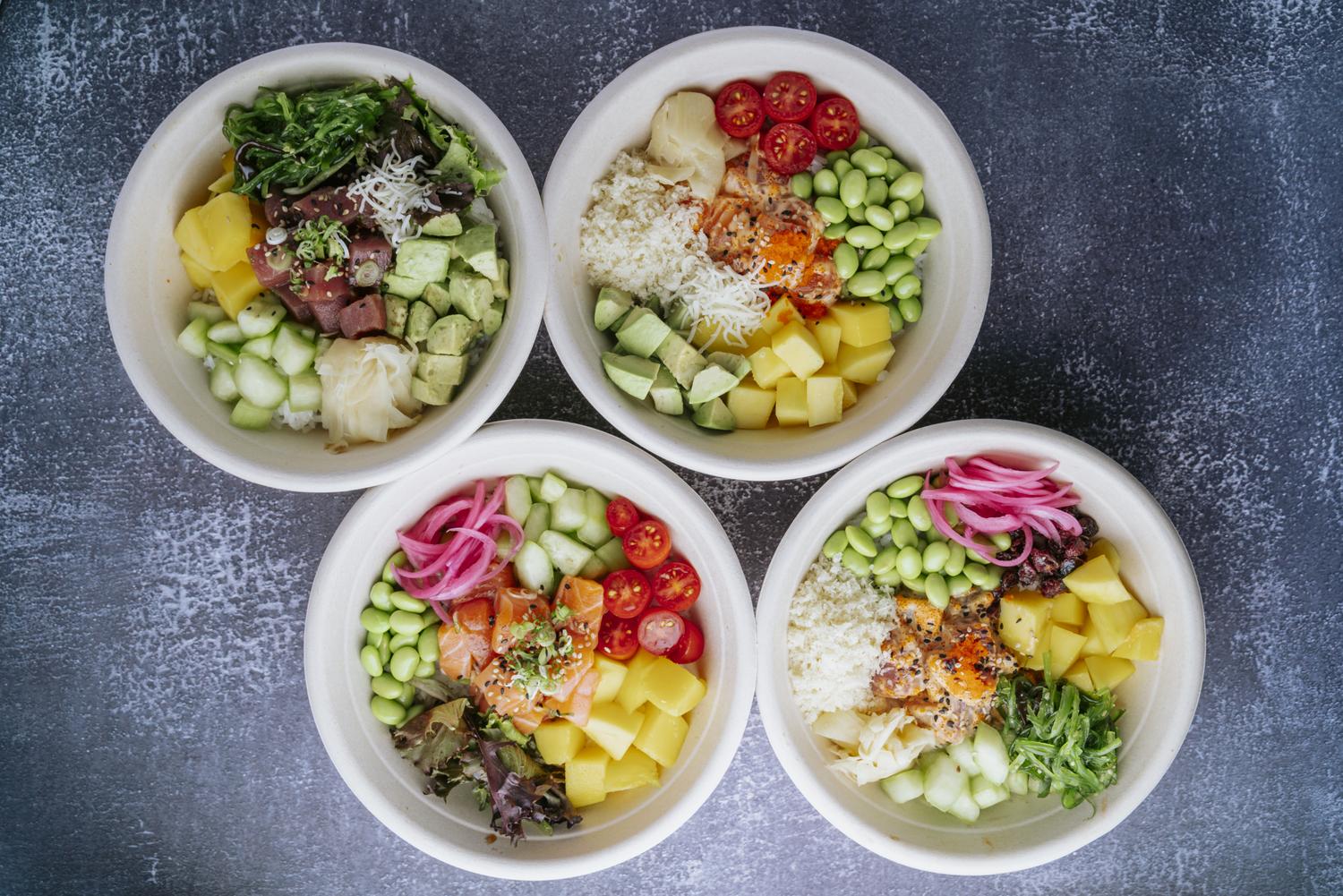 Assorted poke bowls with fresh toppings and vibrant ingredients at Mr Farmer, a Asian Fusion Restaurant in St. Augustine