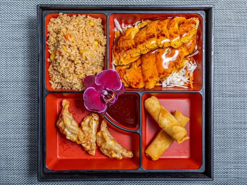 Full teriyaki chicken bento with fried rice, rolls and dumplings at Mr.Hibachi Japanese Grill, a Japanese Restaurant in Dover