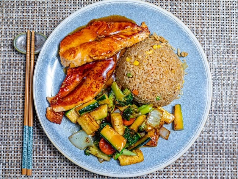 Grilled teriyaki salmon with mixed veggies and fried rice at Mr.Hibachi Japanese Grill, a Japanese Restaurant in Dover