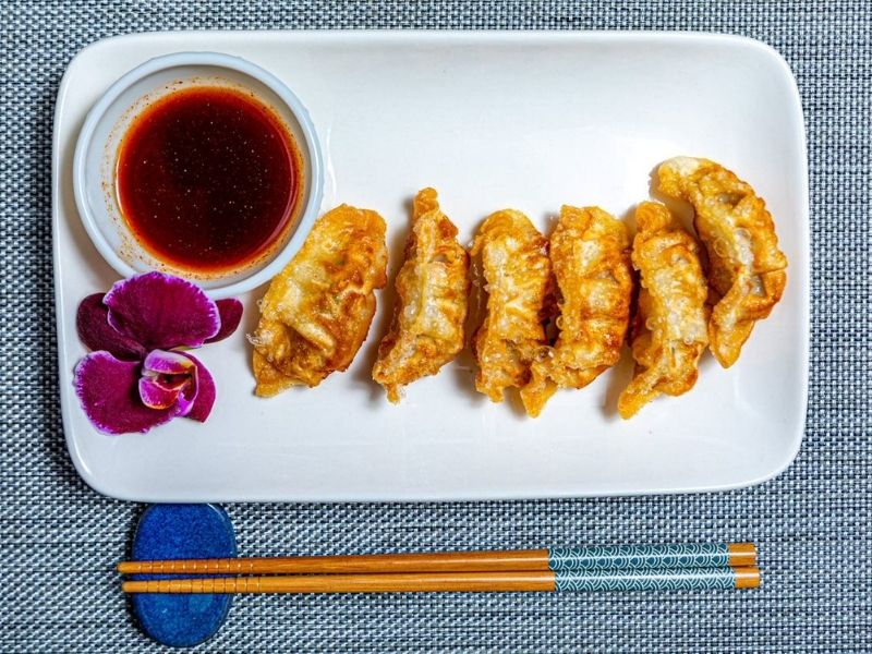 Pan fried gyoza dumplings with spicy soy sauce at Mr.Hibachi Japanese Grill, a Japanese Restaurant in Dover