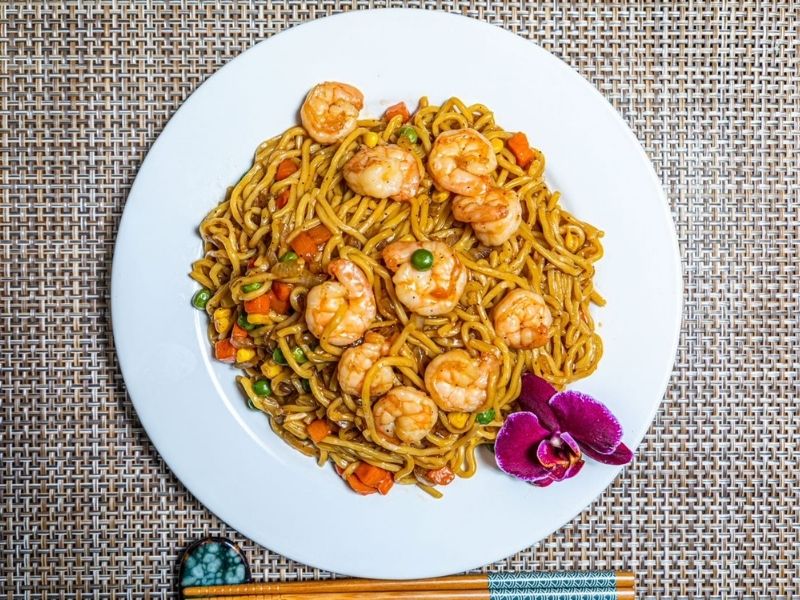 Shrimp lo mein stir-fried noodles with diced veggies at Mr.Hibachi Japanese Grill, a Japanese Restaurant in Dover