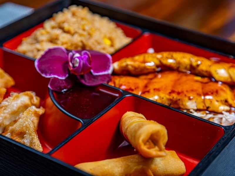 Teriyaki chicken bento box with spring rolls and dumplings at Mr.Hibachi Japanese Grill, a Japanese Restaurant in Dover