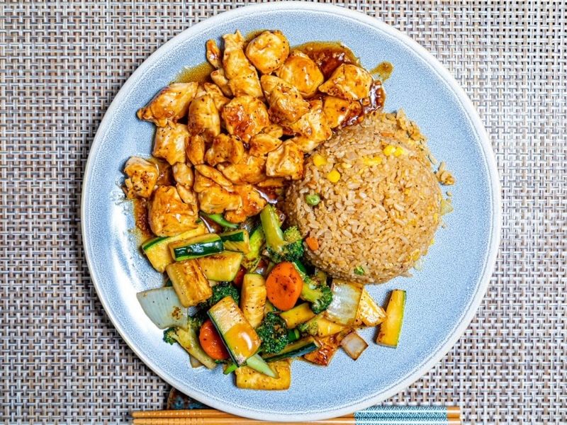 Teriyaki chicken cubes with veggies and fried rice at Mr.Hibachi Japanese Grill, a Japanese Restaurant in Dover