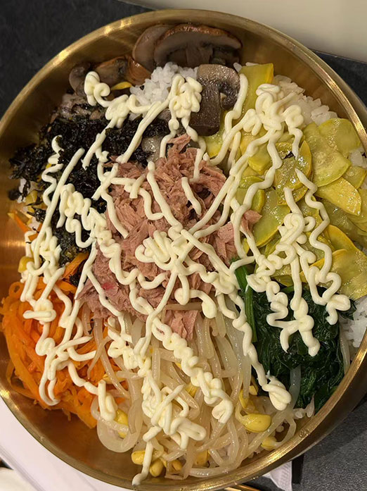 Tuna mayo bibimbap with vegetables and seaweed on rice at Mr.Kimchi Korean Bistro, a Korean Restaurant in Oklahoma City